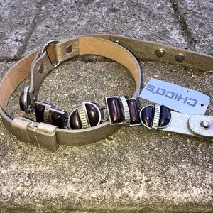 Chico’s Silver/Golden Leather Snap Belt NWT